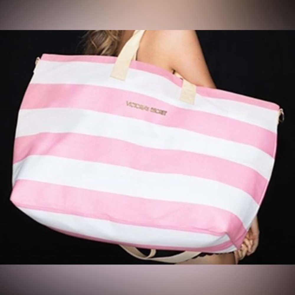 Victoria’s Secret Large Getaway Weekender Duffle Bag Pink White Stripe Beach Bag